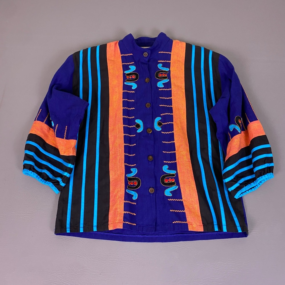 Irene Pulos Blouse Top Large Mexico Hand Embroidered Cotton Blue Orange Stripe